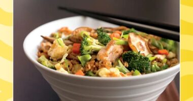 bowl of chicken fried rice on a yellow background