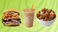 A trio of new menu items at popular restaurant chains set against a vibrant green background