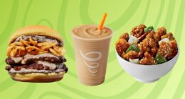 A trio of new menu items at popular restaurant chains set against a vibrant green background