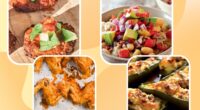 photo collage of healthy tailgating recipes