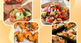 photo collage of healthy tailgating recipes