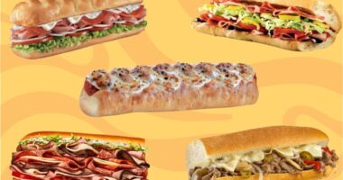 five fast-food subs on a yellow background