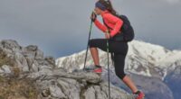 woman on uphill hike in mountains