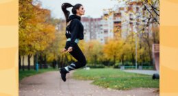 fit brunette woman doing jump rope workout outdoors on autumn day