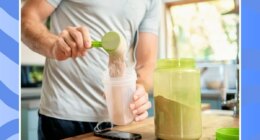 man making a protein shake on a blue background