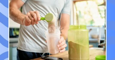 man making a protein shake on a blue background