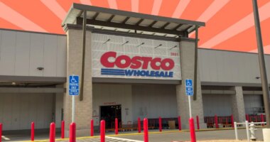 Costco exterior on striped red background