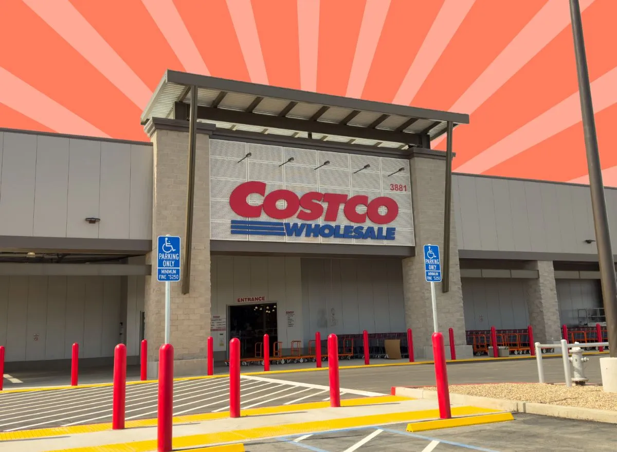 Costco exterior on striped red background