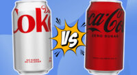 diet coke vs coca cola soda cans on a blue background