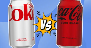 diet coke vs coca cola soda cans on a blue background