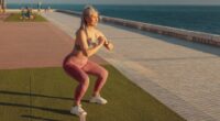 mature woman doing squats on turf by the water