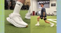 split image of trainer testing out HOKA