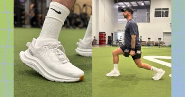 split image of trainer testing out HOKA