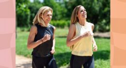 two fit, happy middle-aged woman walking outdoors on a sunny day