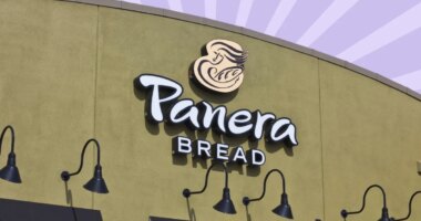 Panera Bread storefront on striped purple background