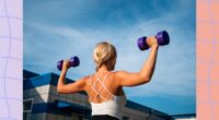 back view of fit blonde woman doing dumbbell press exercise outdoors in sunshine