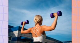 back view of fit blonde woman doing dumbbell press exercise outdoors in sunshine