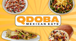 collage of qdoba mexican eats menu items around a restaurant logo