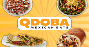 collage of qdoba mexican eats menu items around a restaurant logo