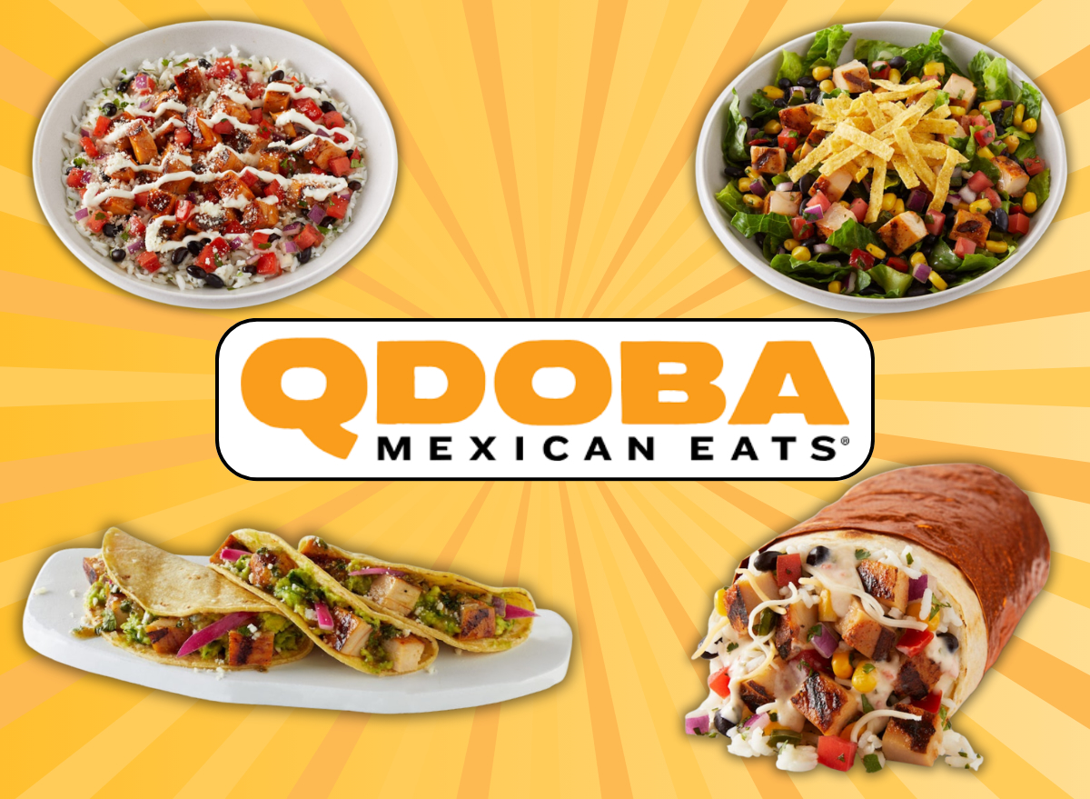 collage of qdoba mexican eats menu items around a restaurant logo