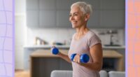 mature, happy woman lifting dumbbells in her living room