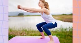 fit woman doing squats on yoga mat near lake