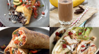 collage of four recipes omelet smoothie burrito and salad