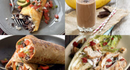 collage of four recipes omelet smoothie burrito and salad