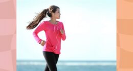 woman power walking on the beach on clear, sunny day