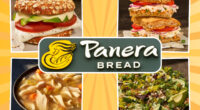 four healthy panera bread menu items surrounding a restaurant logo on a designed yellow background