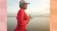 middle-aged woman running on the beach