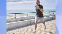 mature man running on the boardwalk on a sunny day