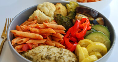 High-Protein Chicken with Roasted Veggies & Pasta