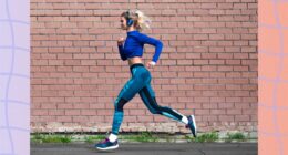 blonde woman with headphones on running outdoors for exercise