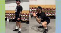 split image of trainer demonstrating how to perform a squat