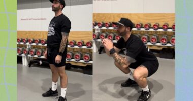 split image of trainer demonstrating how to perform a squat