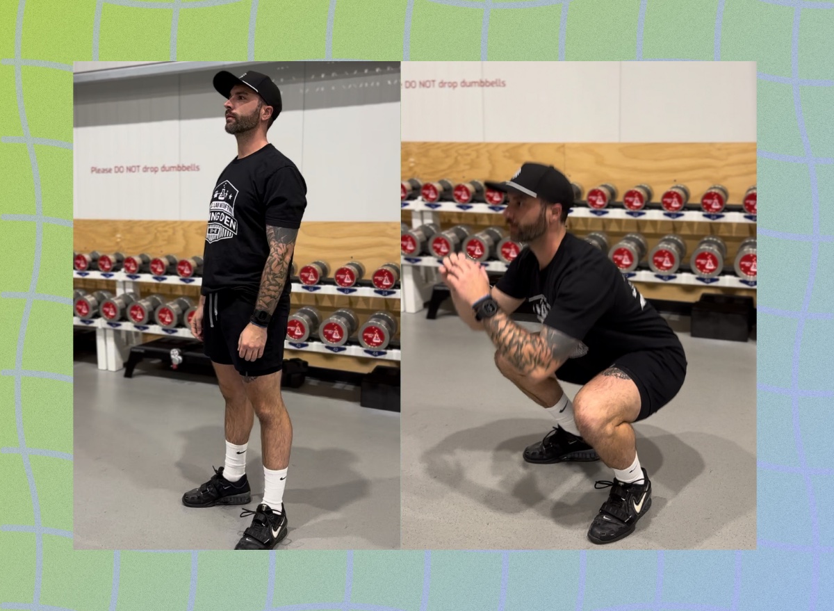 split image of trainer demonstrating how to perform a squat