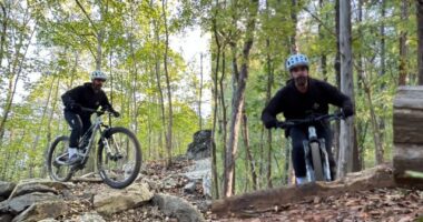 mountain biking split image