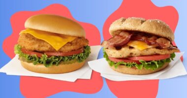 A pair of chicken sandwiches from Chick-fil-A set against a colorful background