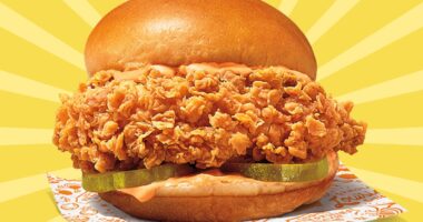 Popeyes new Ghost Pepper Chicken Sandwich set against a vibrant background.