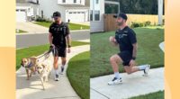 split image of personal trainer walking with weighted vest outdoors on sidewalk