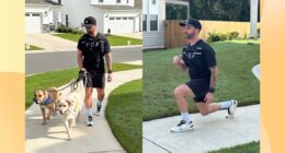 split image of personal trainer walking with weighted vest outdoors on sidewalk