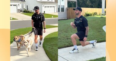 split image of personal trainer walking with weighted vest outdoors on sidewalk