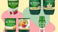 a collage of activia yogurt products on a designed background