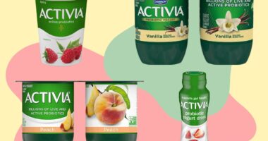 a collage of activia yogurt products on a designed background