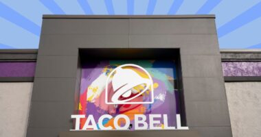 taco bell storefront on a blue designed background