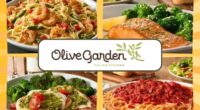 Olive Garden logo and four dishes on a yellow background