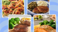 collage of high-protein low-calorie chain restaurant orders on a blue background