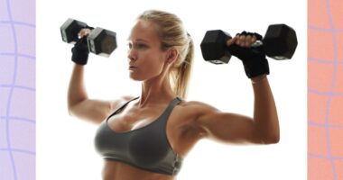 fit, blonde woman doing dumbbell press exercise in bright space