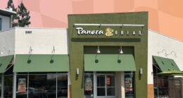 Panera Bread exterior on pinkish orange background design